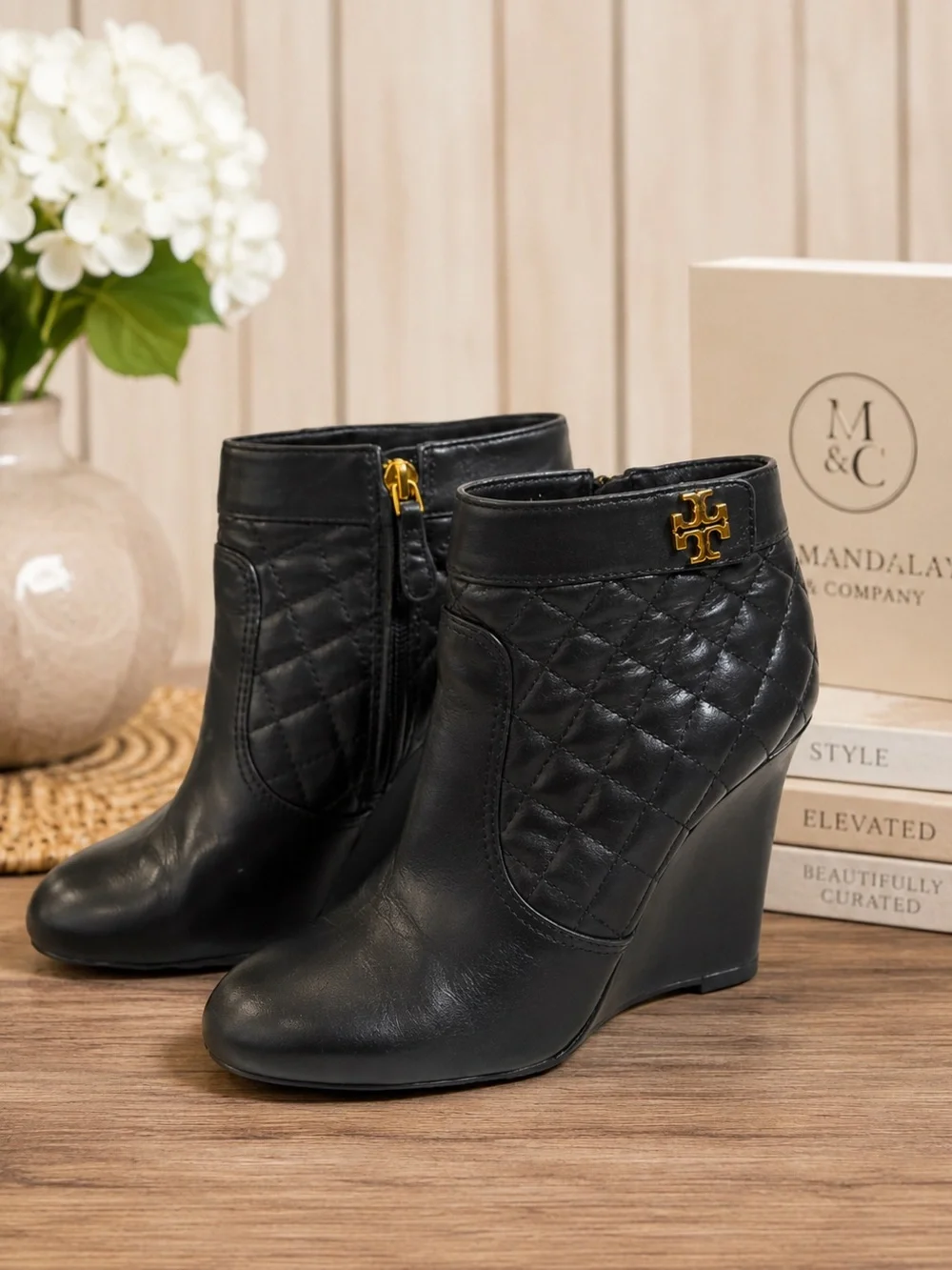 Tory Burch Leila Black Quilted Leather Wedge Ankle Booties Gold Logo Zip Size 8M